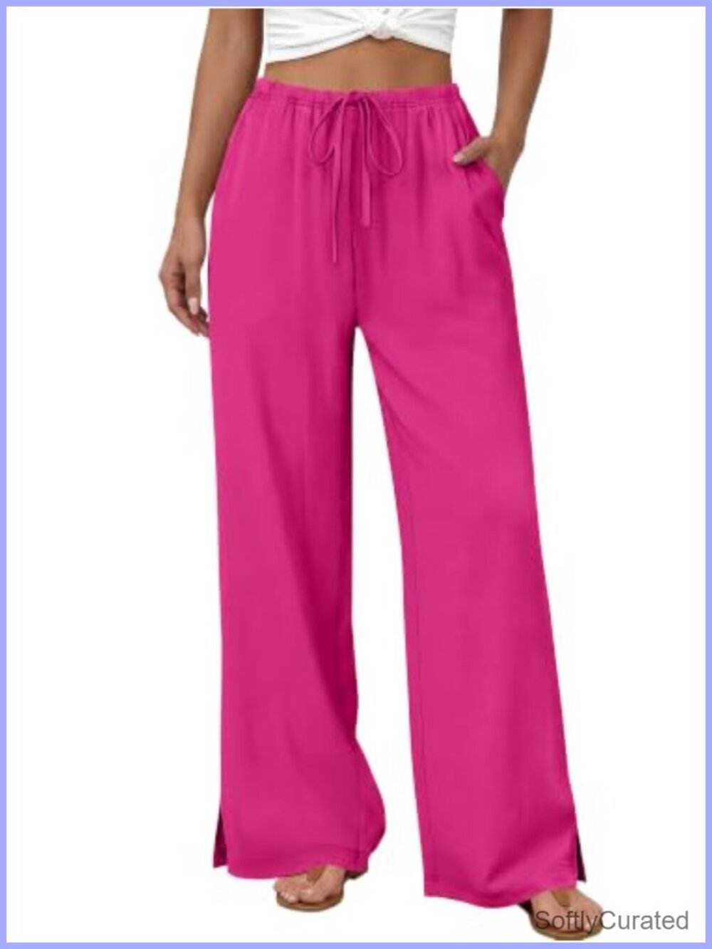 Wide Leg Palazzo Pants Drawstring Elastic Waist Flowy Beach Trousers Pockets